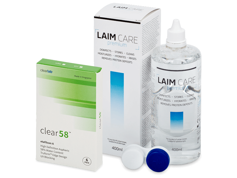 Clear 58 (6 kpl) + Laim Care-piilolinssineste 400 ml