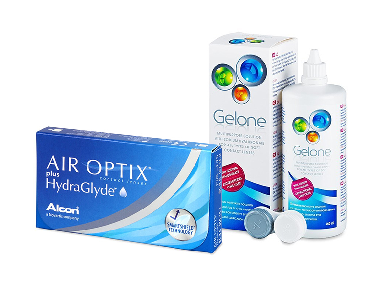 Air Optix plus HydraGlyde (6 kpl) + Gelone-piilolinssineste 360 ml