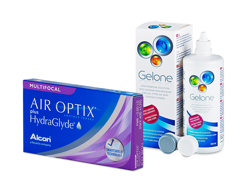 Air Optix plus HydraGlyde Multifocal (3 kpl) + Gelone-piilolinssineste 360 ml