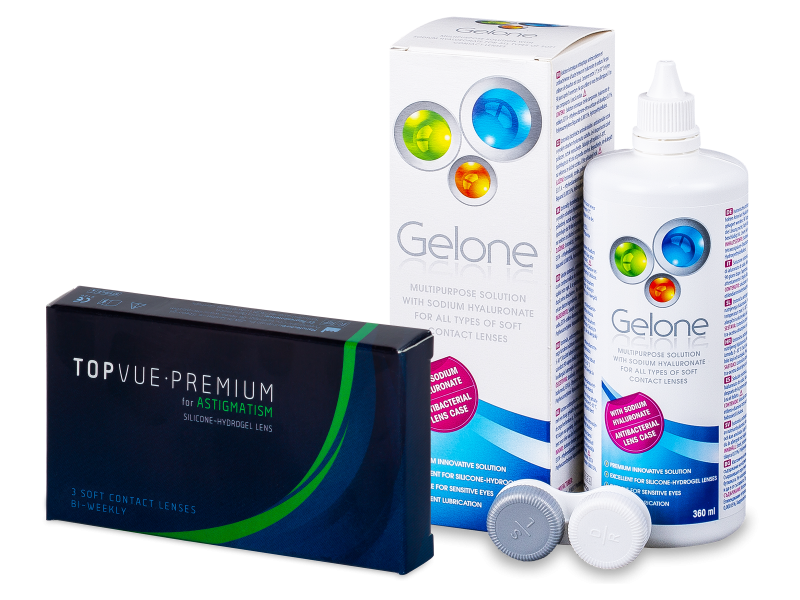 TopVue Premium for Astigmatism (3 kpl) + Gelone -piilolinssineste 360 ml